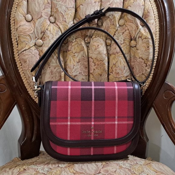 Kate Spade New York Blake Plaid Saddle Bag Cross Body Leather Shoulder Strap NWT - Picture 3 of 7